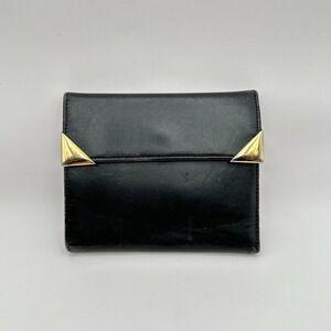 Vtg Donna Karan Wallet Black Red Lining‎ Leather Tri-Fold Card Holder Goldtone